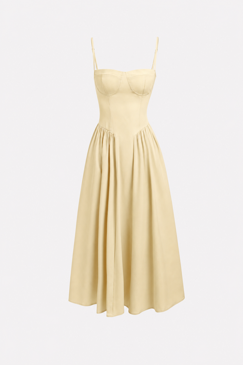 Yellow square neck midi dress with pockets