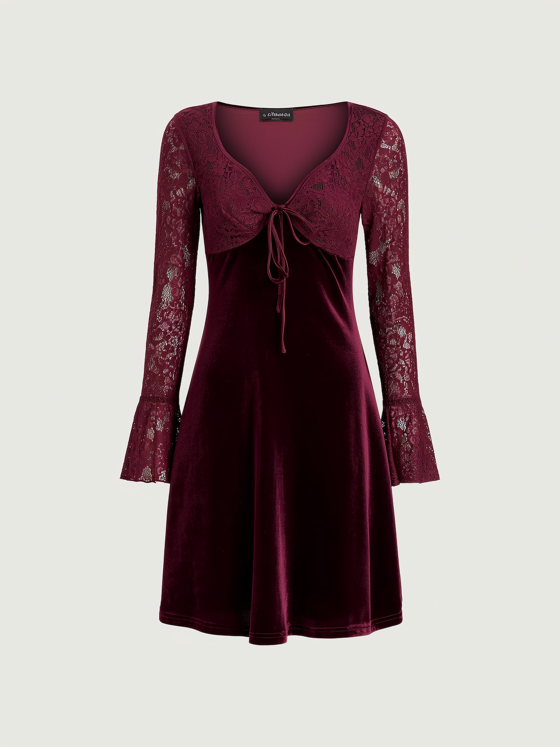 Red velour mini dress with lace splicing