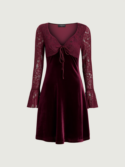 Red velour mini dress with lace splicing