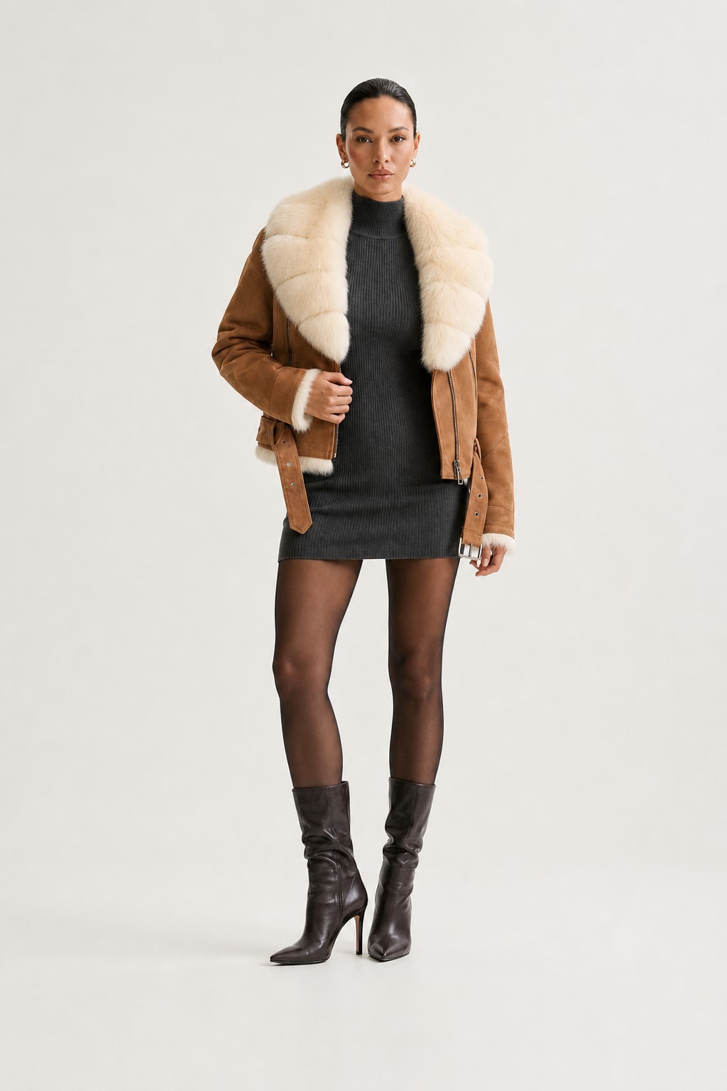 Suede Moto Jacket With Fur Collar - 3