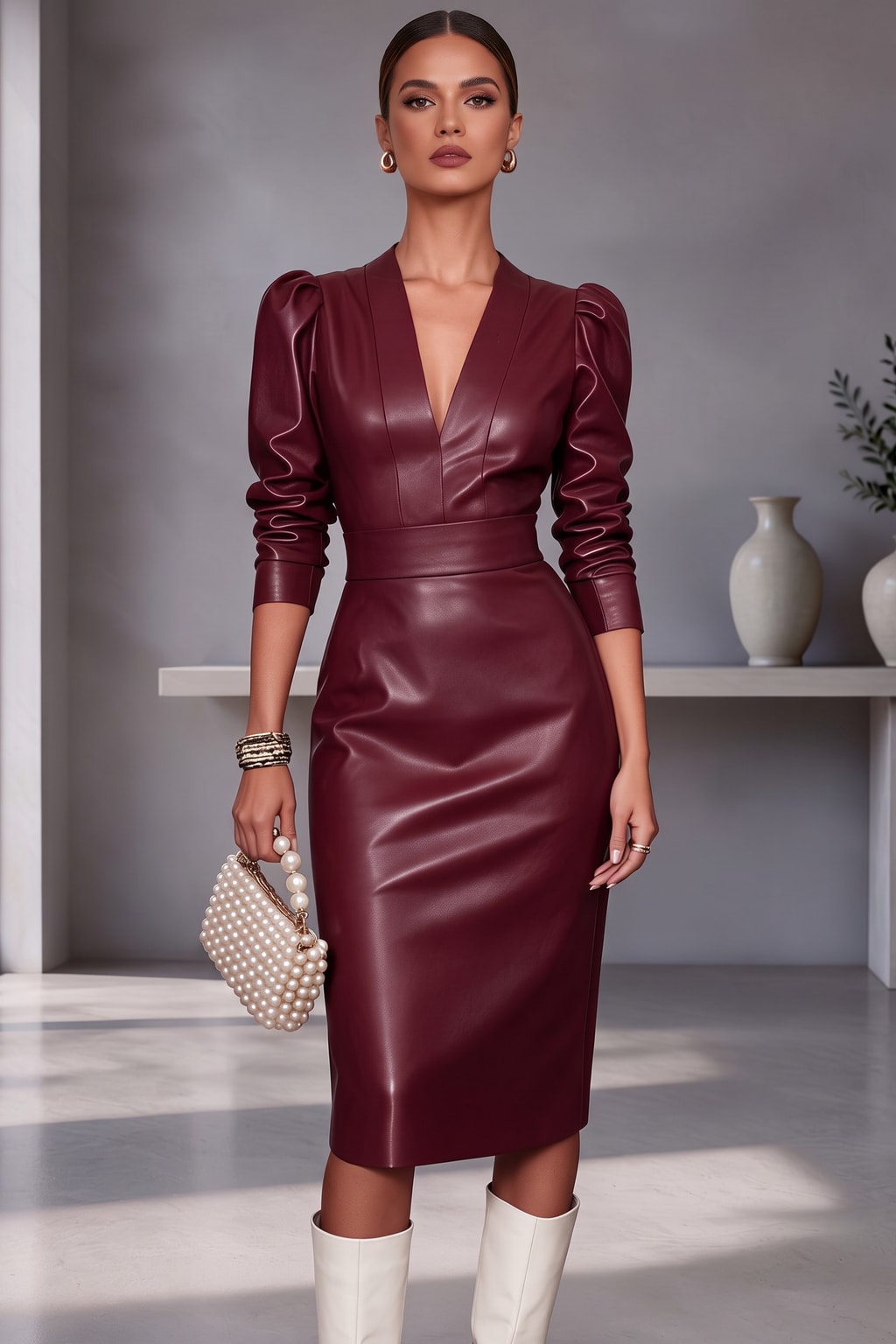 Faux Leather V-Neck Midi Dress - 3