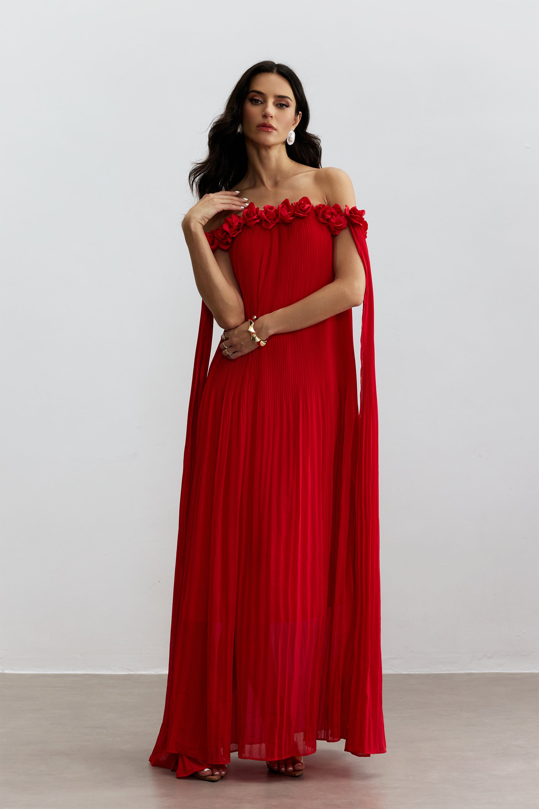 Off-Shoulder Rosette Maxi Dress in Red - view 2