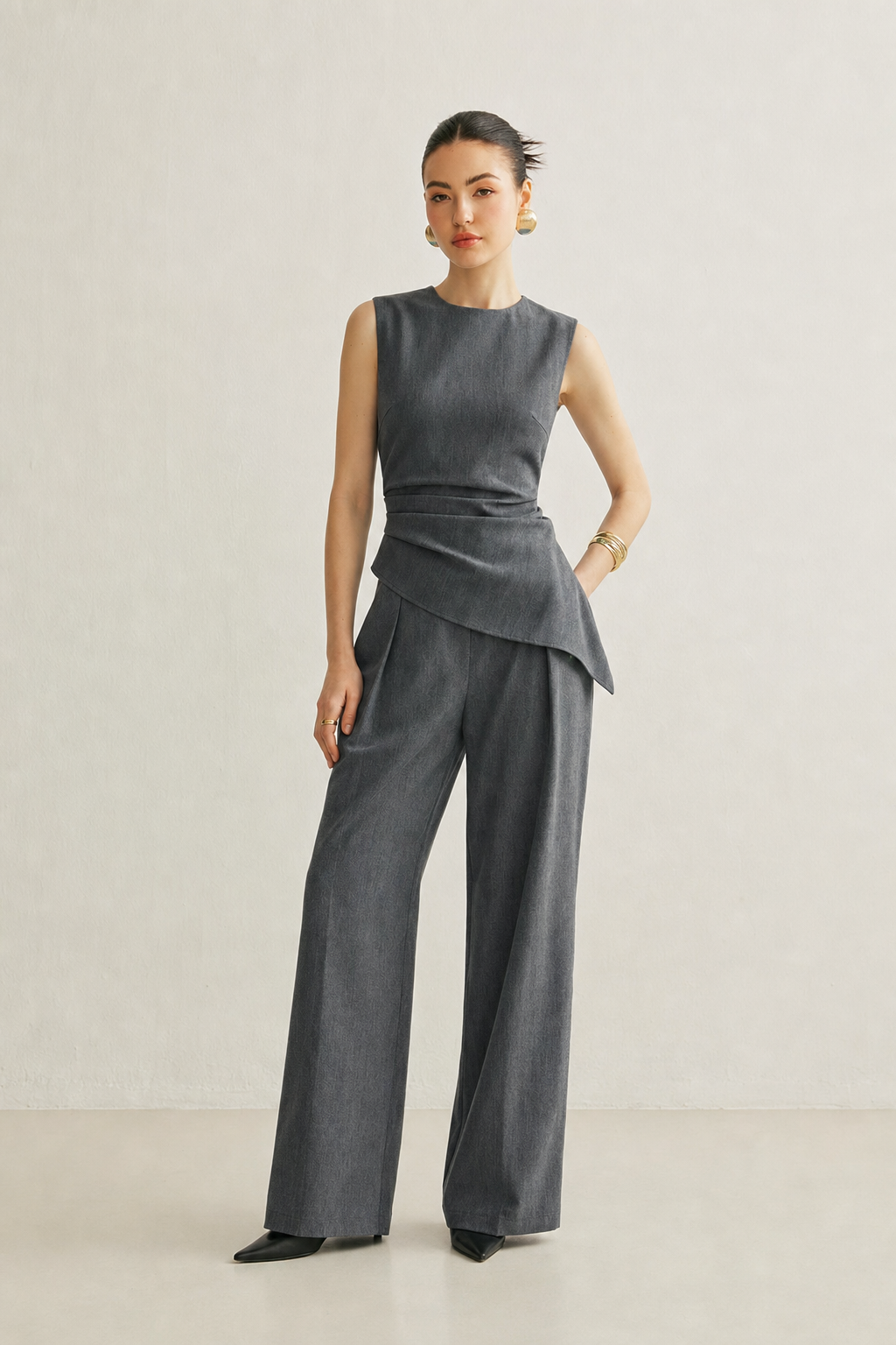 Woven asymmetric top and pleated pants set - view 2