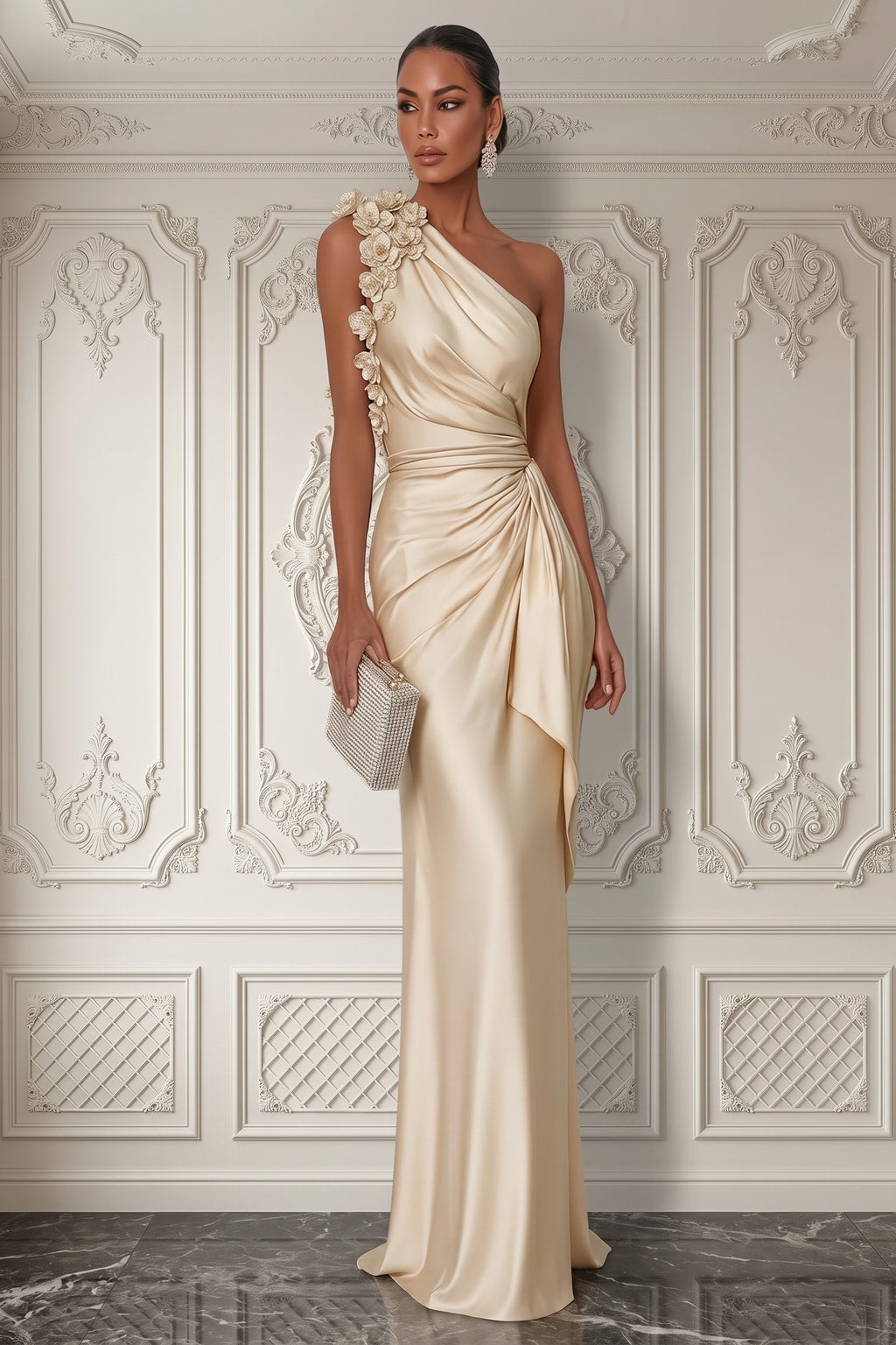 Satin Sheath Gown With Ruched One-Shoulder Bodice - 2