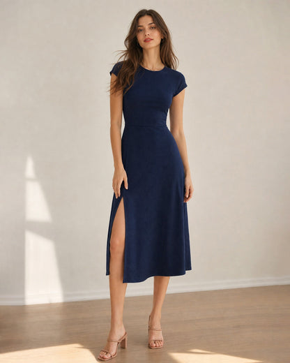 Navy Knit Backless A-Line Midi Dress - view 2