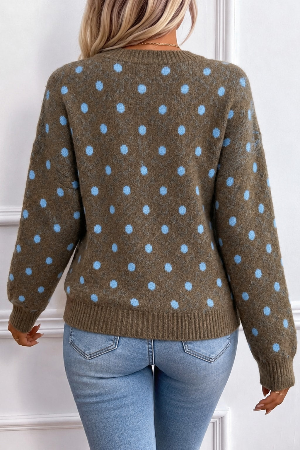 Knit Sweater Polka Dot Crew Neck Pullover - 2