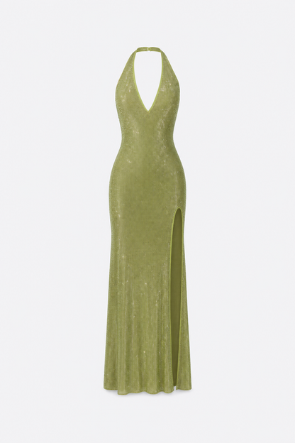 Green sequin halter maxi dress with side slit