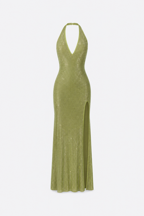 Green sequin halter maxi dress with side slit