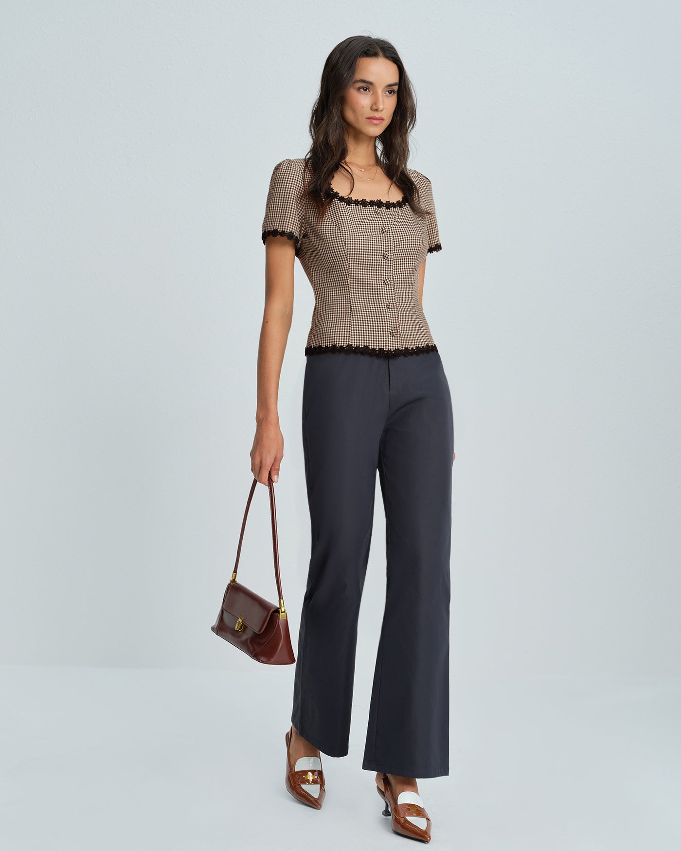 Plaid Square Neck Slim Fit Blouse - view 5