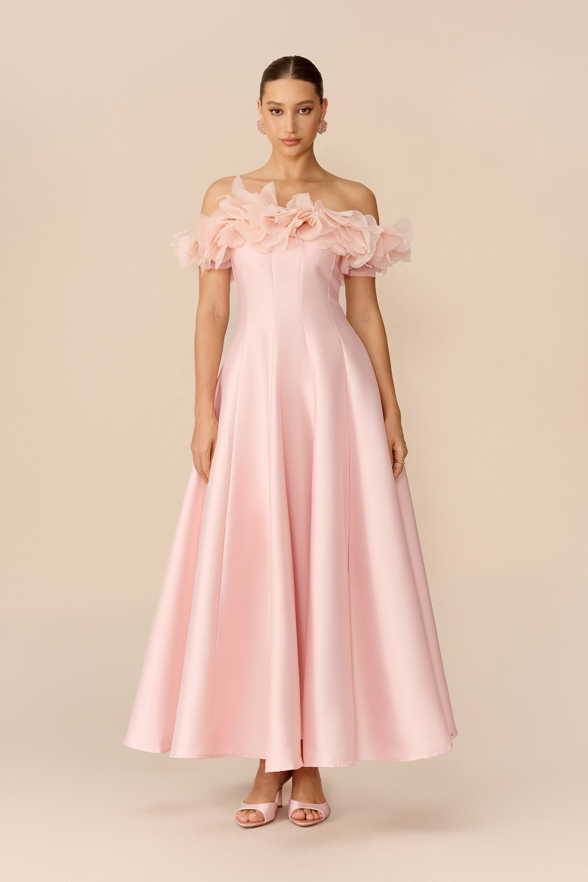 Pink satin off-shoulder maxi dress with floral trim - view 2