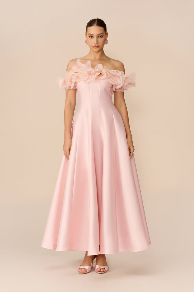 Satin Floral-Trim Off-Shoulder Maxi Dress - 2