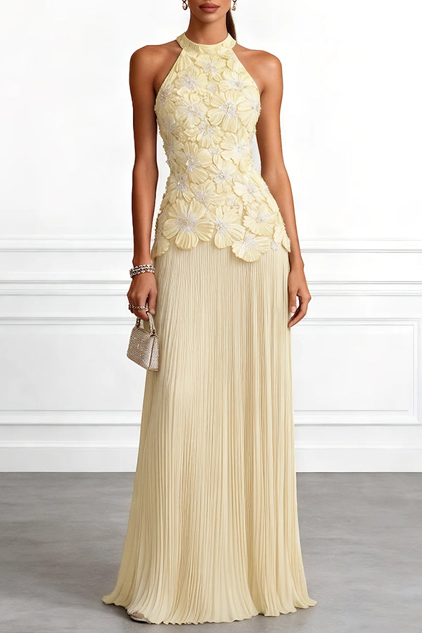 Blue Chiffon Halter Maxi Dress, Floral Embroidery - view 4