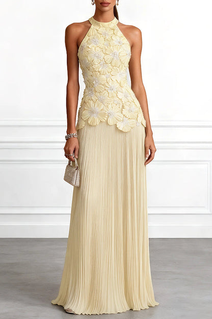 Blue Chiffon Halter Maxi Dress, Floral Embroidery - view 4