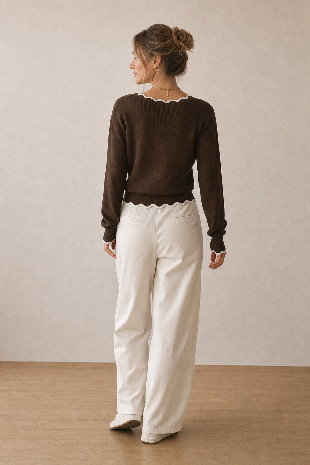 Brown wool blend knit sweater with scallop trim - view 4