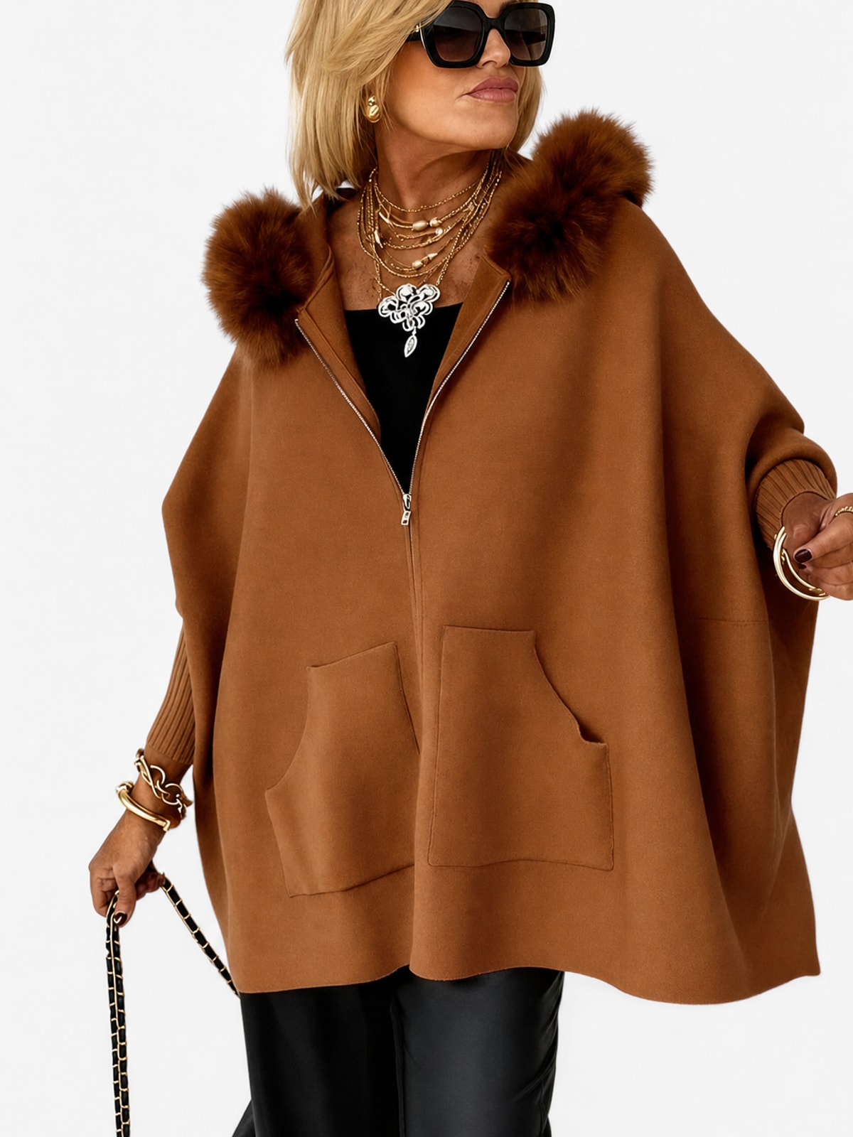 Faux Fur Trim Hooded Coat with Relaxed Fit - 6