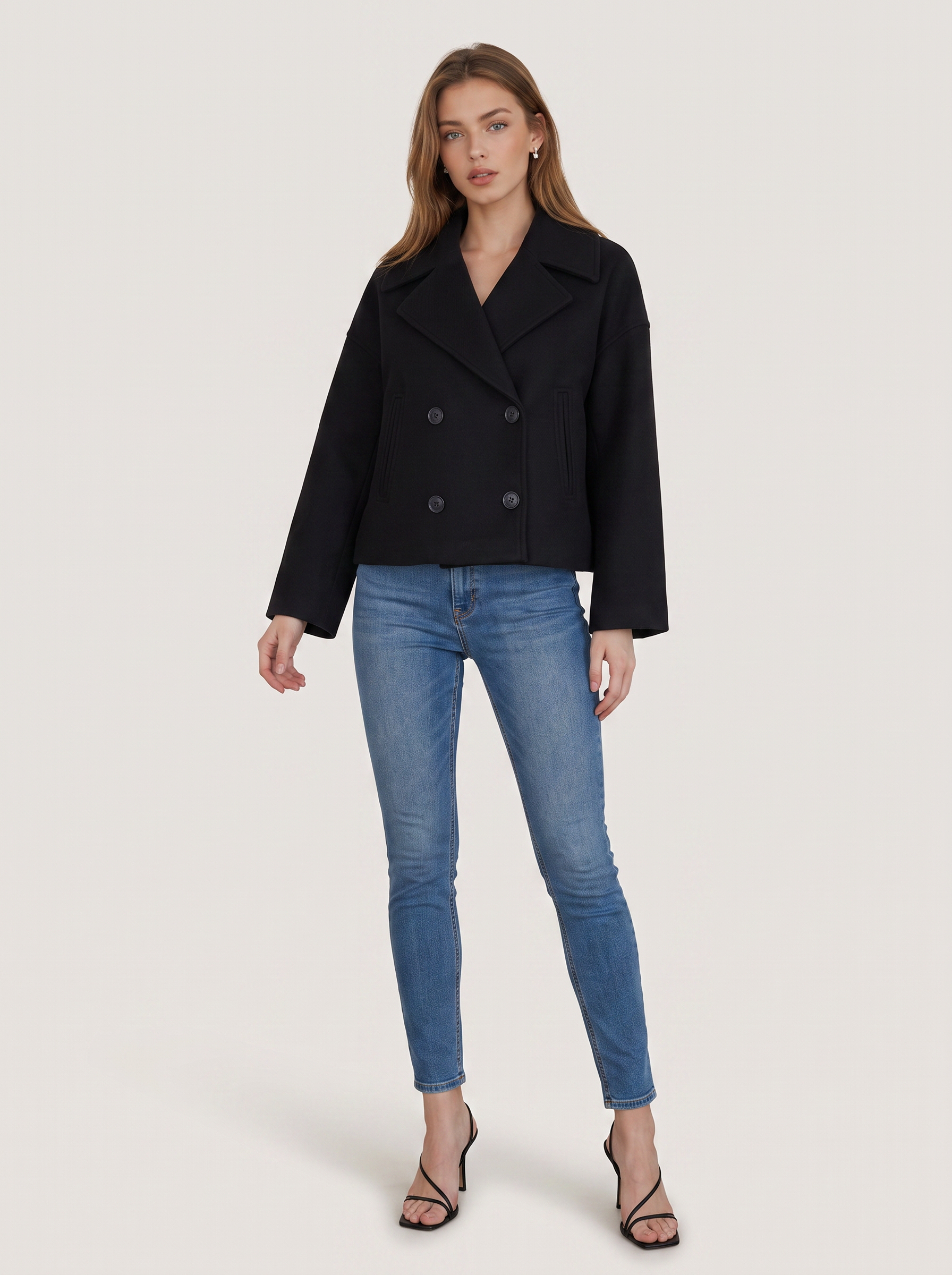 Cropped Double-Breasted Blazer, Pointed Lapels - view 3