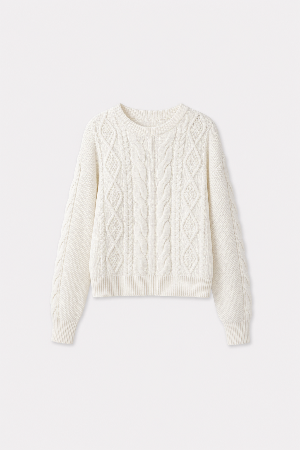 Beige ribbed cable knit round neck sweater