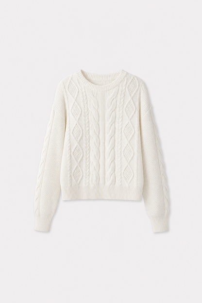 Beige ribbed cable knit round neck sweater
