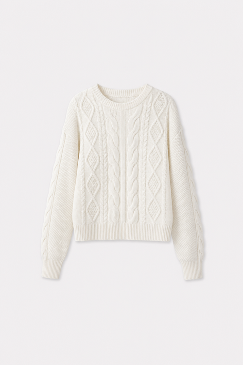 Beige ribbed cable knit round neck sweater