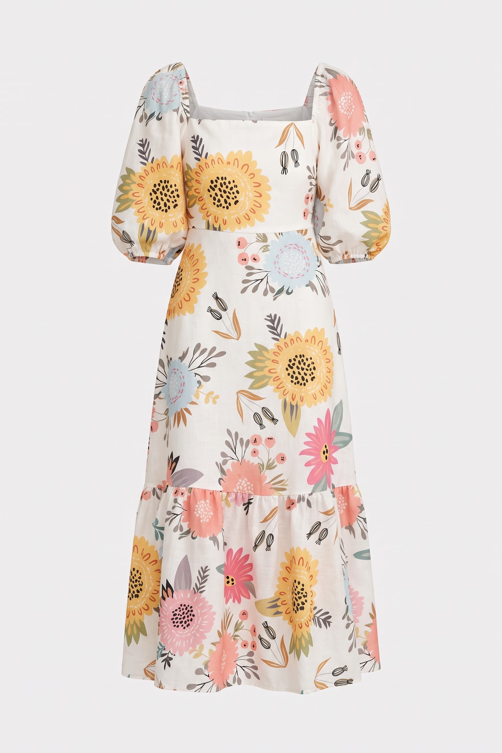 Floral Puff Sleeve Midi Dress - 1