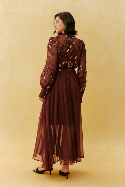 Burgundy Gold Embroidery Long Sleeve Maxi Dress - view 4