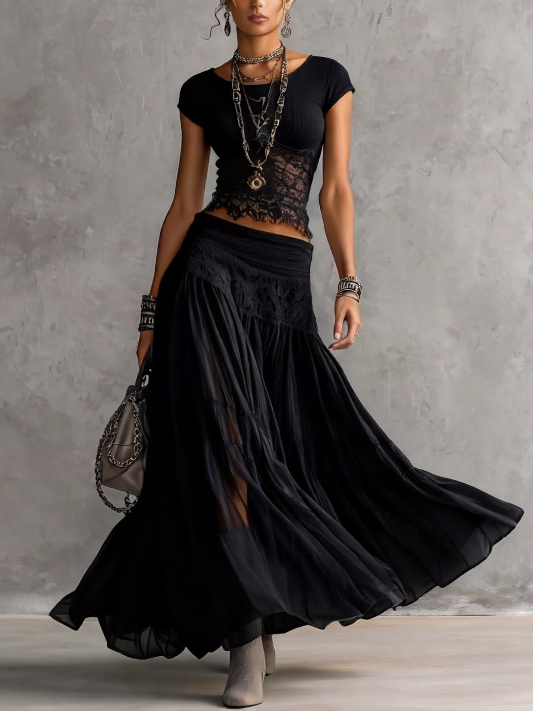 Lace Panel Top and Pleated Maxi Skirt Set - view 6