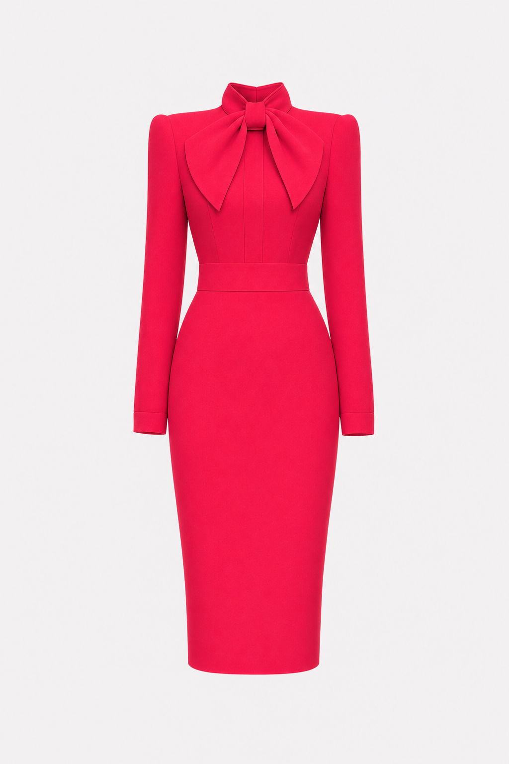 Satin pencil work dress with high-neck bow - view 11