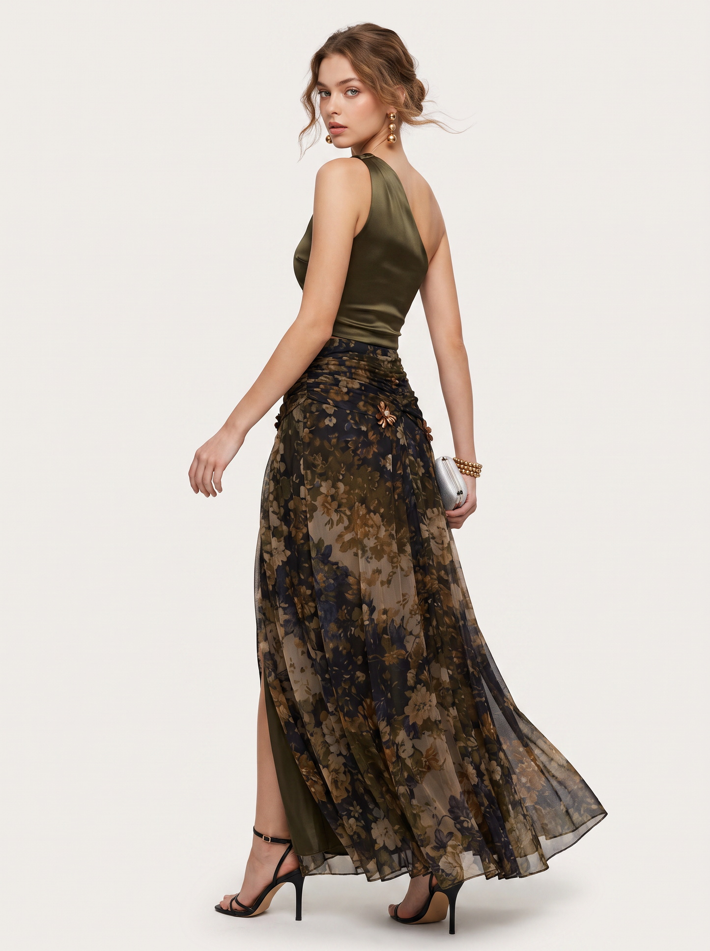 Satin one-shoulder maxi dress with floral tulle hem - view 5