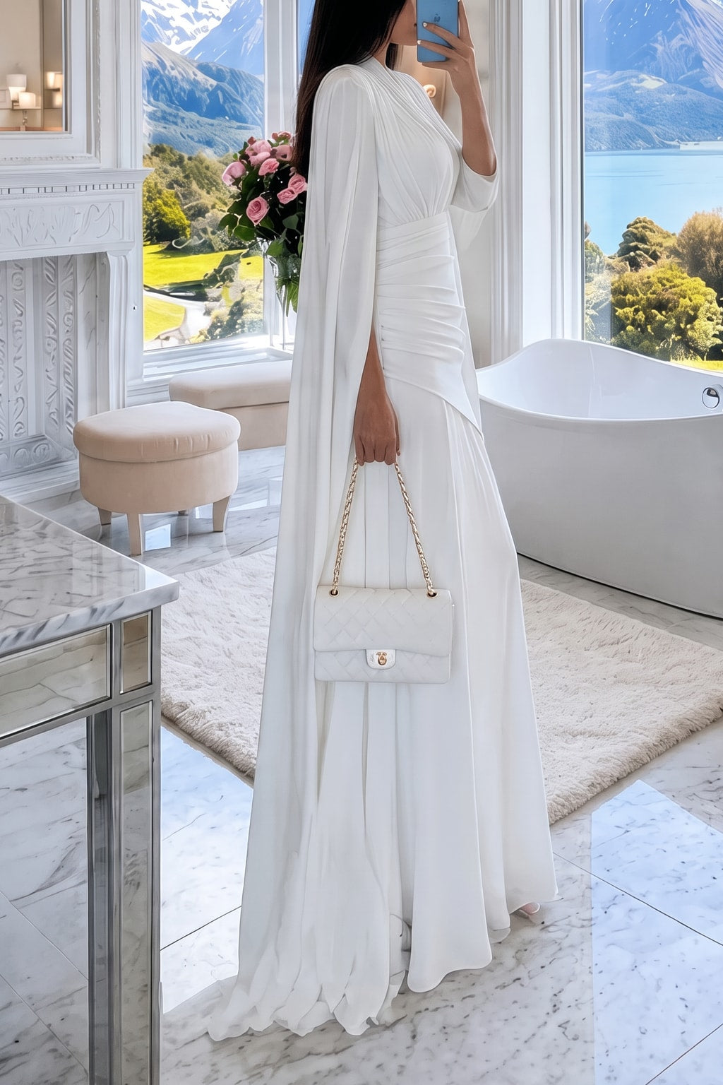 Polyester Cape Sleeve Pleated Maxi Dress - 3