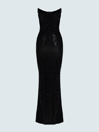 Strapless sequin mesh maxi dress with lace-up back