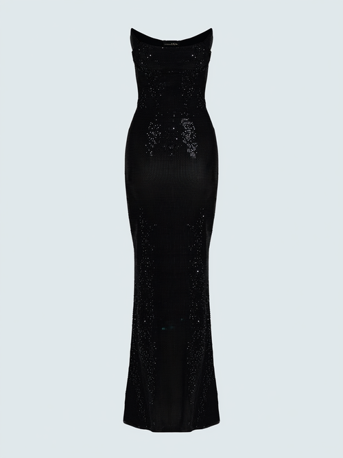 Strapless sequin mesh maxi dress with lace-up back
