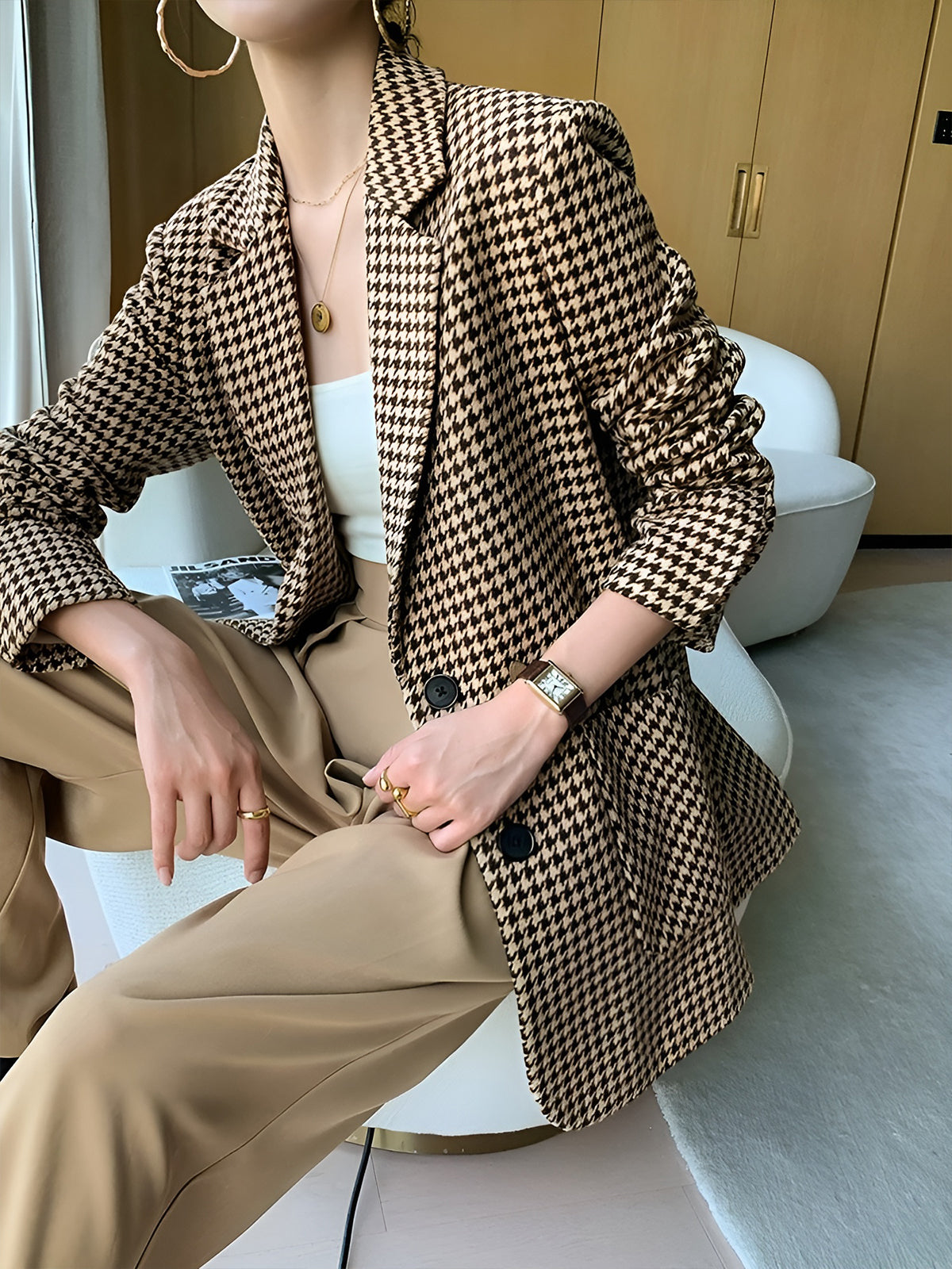Khaki Houndstooth Belted Blazer, Split Back - view 5
