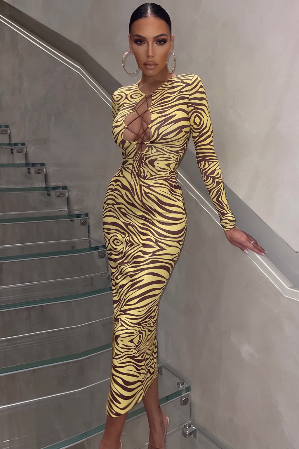 Polyester Pencil Dress Yellow Zebra Print Bodycon Style - 2