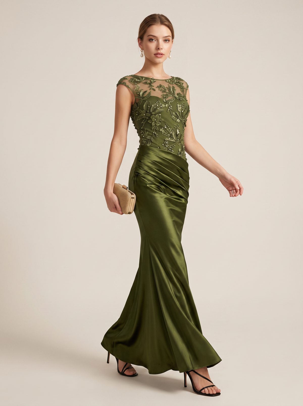 Green Sequin Satin Mermaid Maxi Dress - view 3