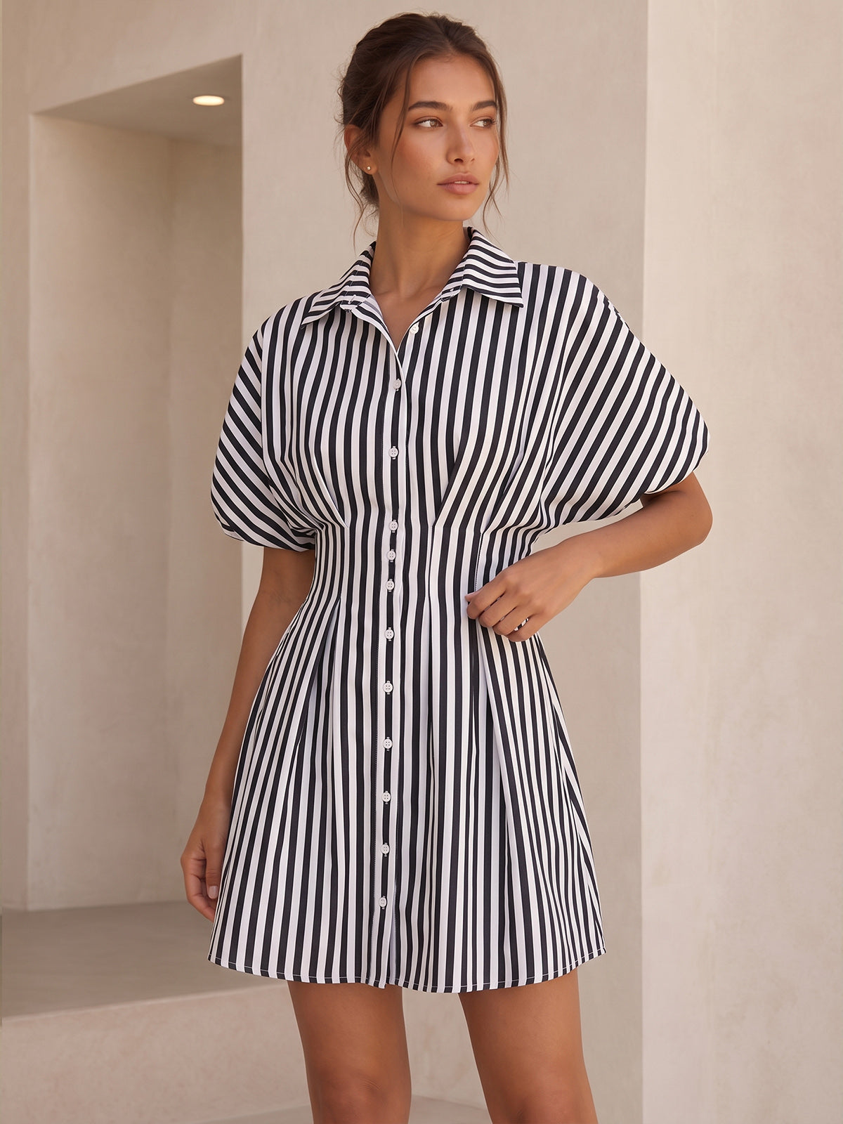 Cotton Blend Striped Cinched-Waist Shirt Dress - 8