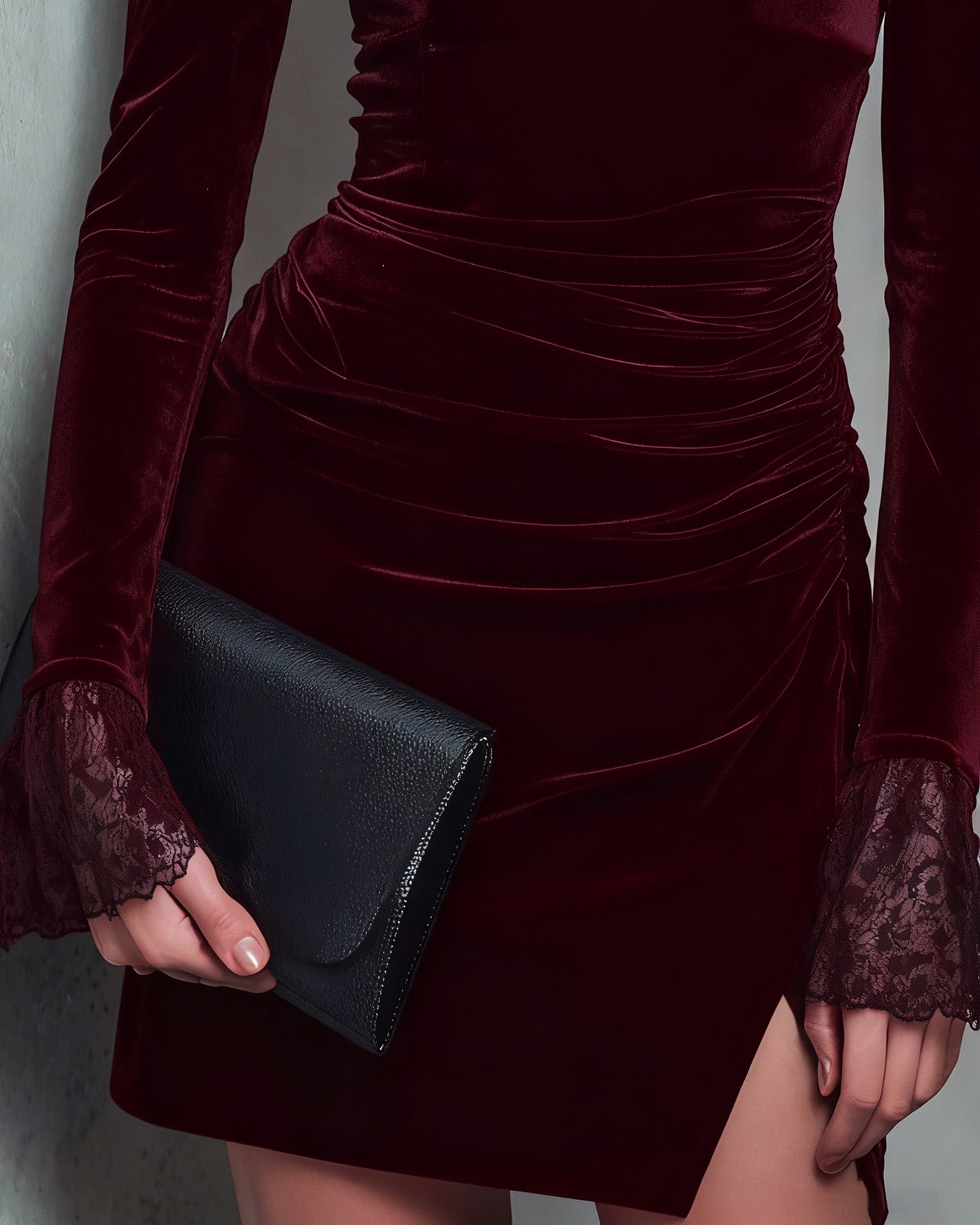 Wine red velour mini dress with square neck - view 5