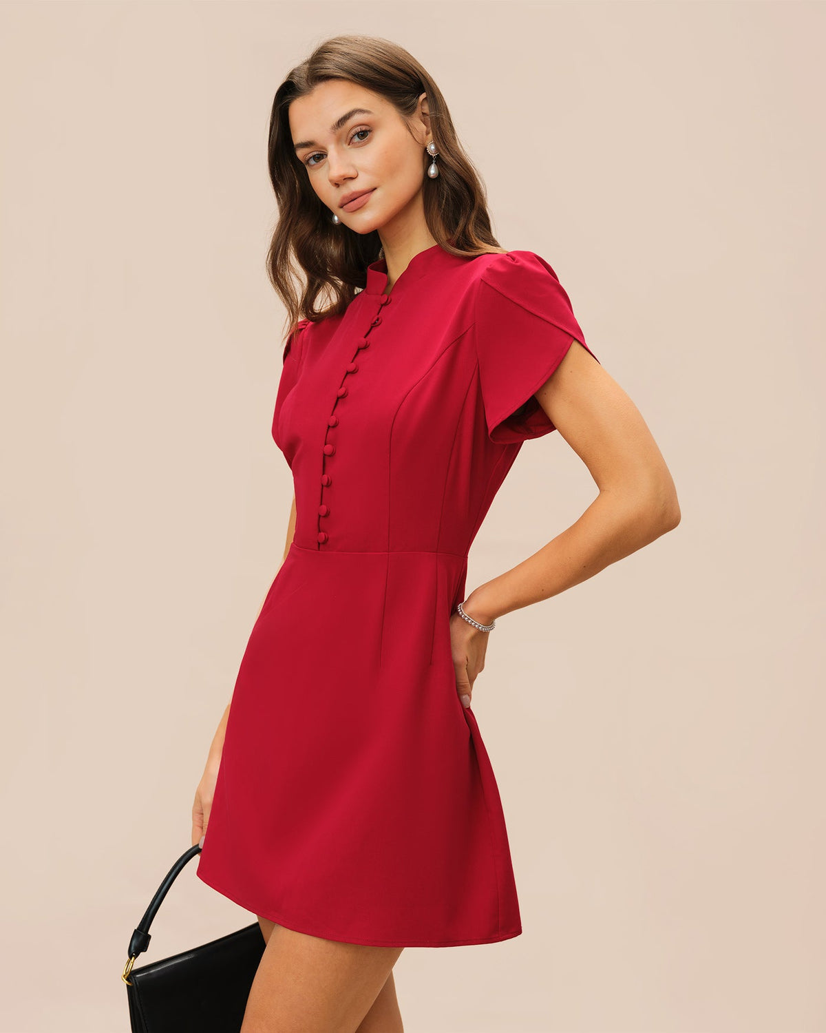 Red petal sleeve mini dress with mandarin collar - view 3