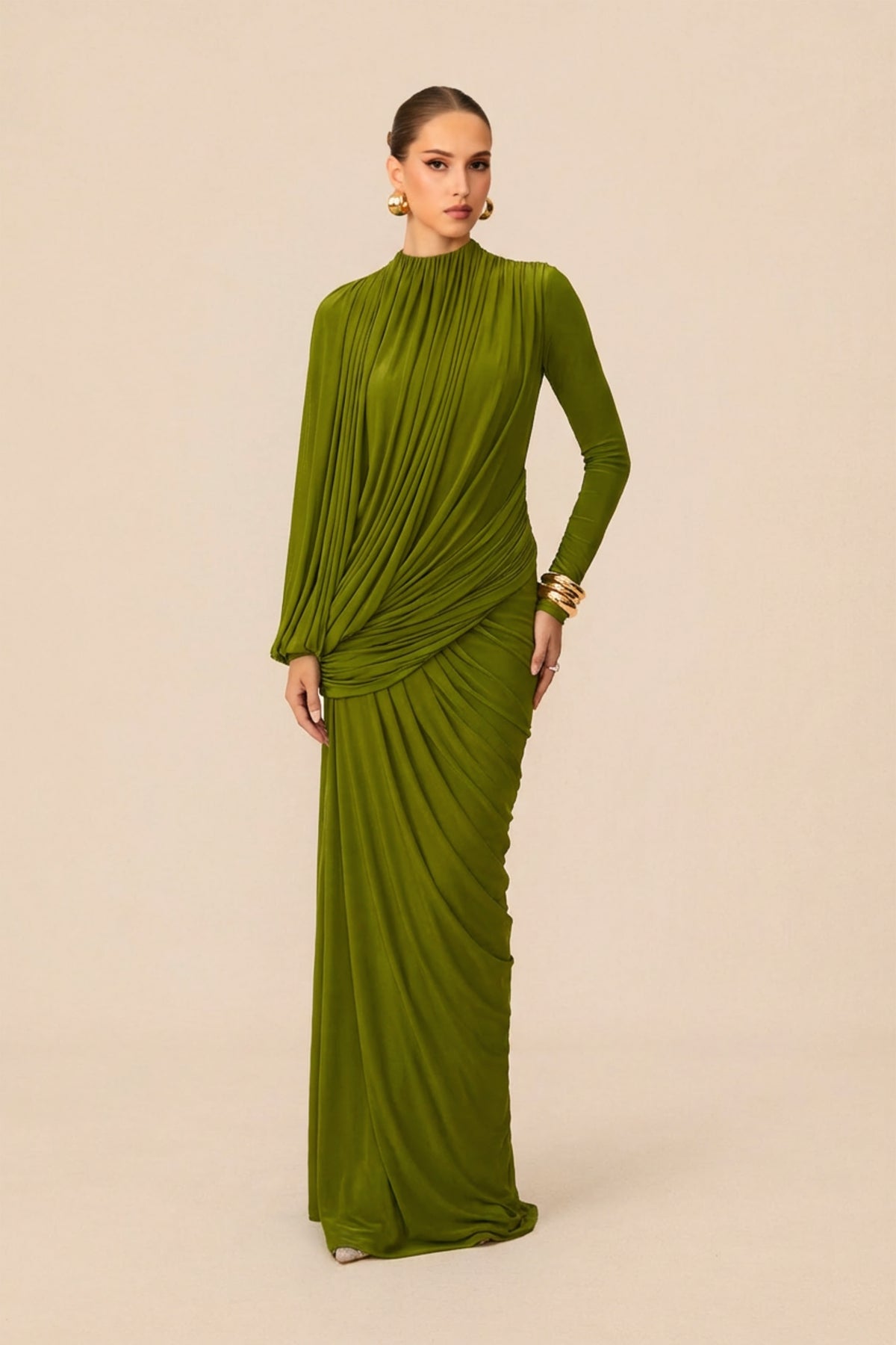 Maxi Dress With High Neck Asymmetric Drape Detail - 8