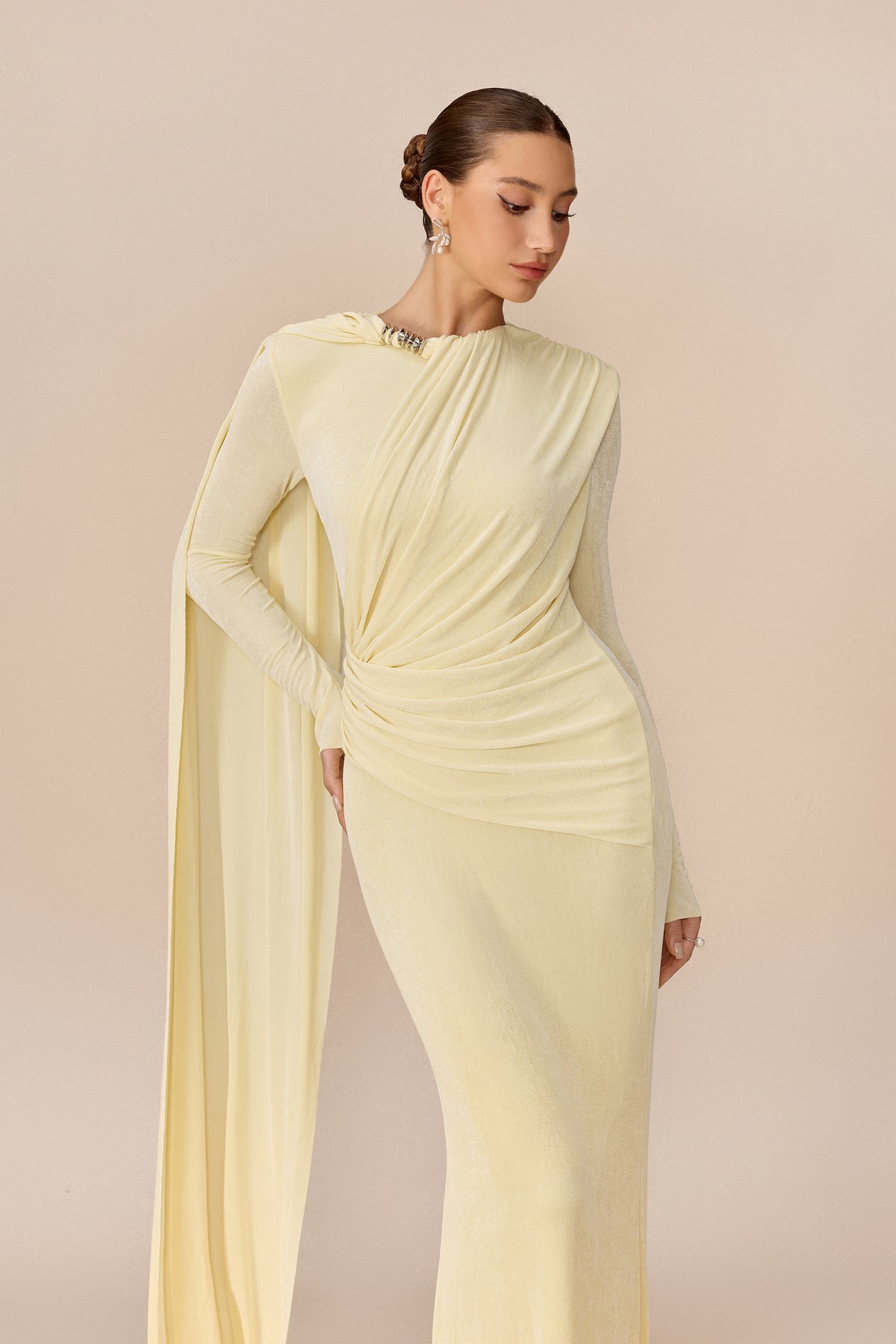 Yellow cape-drape ruched maxi dress with high neck - view 3