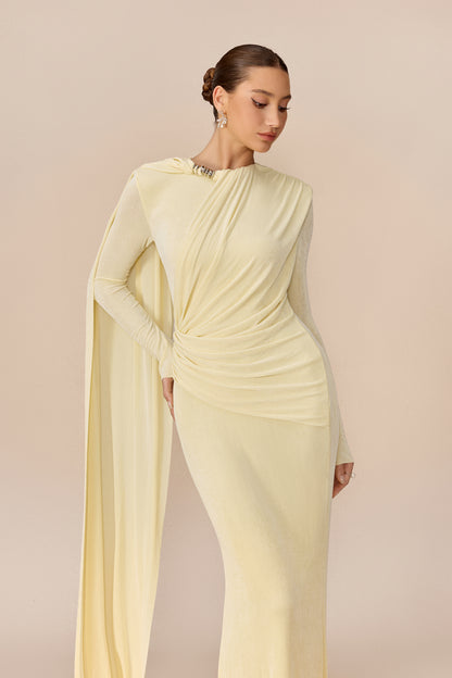 Yellow cape-drape ruched maxi dress with high neck - view 3