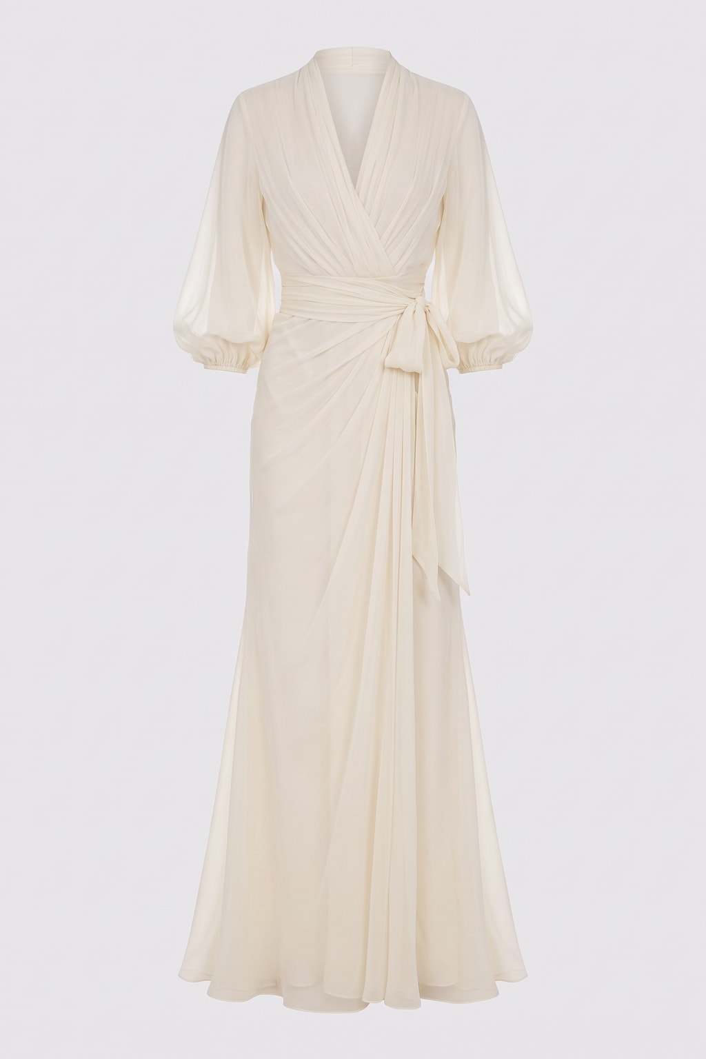 Ivory Chiffon Wrap Dress With Puff Sleeves - 1