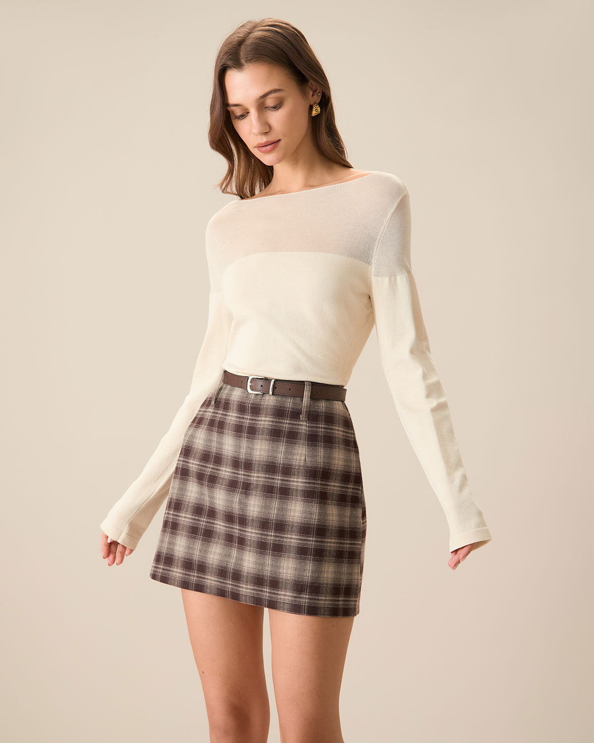 Coffee Plaid Straight Mini Skirt - view 2