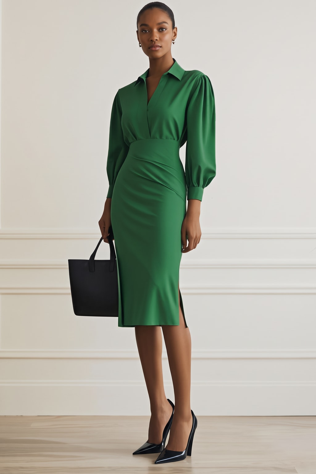 Polyester Ruched Shirt-Collar Two-Piece Skirt Set - 2