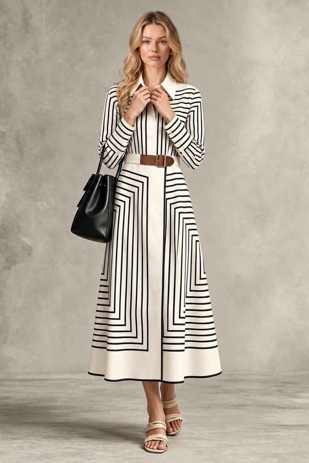 Printed Long Sleeve Maxi Dress With Turn-Down Collar - 4