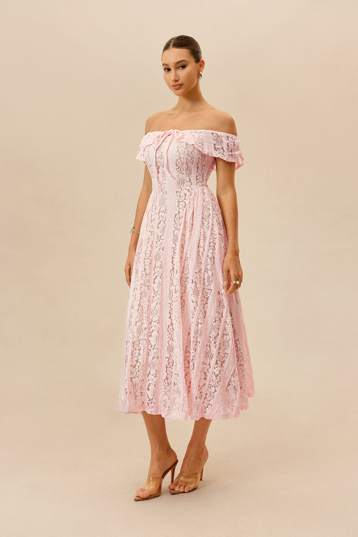Off-Shoulder Floral Lace Midi Dress in Pink - view 5
