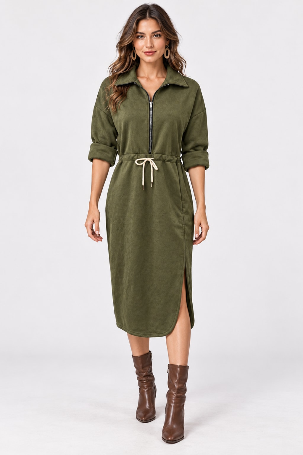 Synthetic Fiber Dress Long Sleeved Retro Casual Style - 3