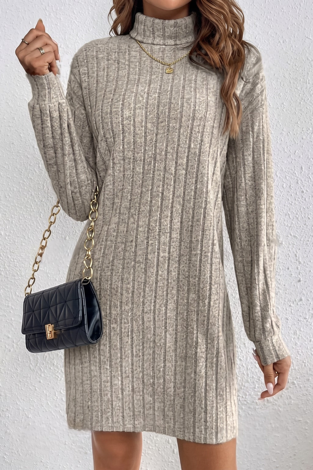 Ribbed Knit Turtleneck Dress - 7