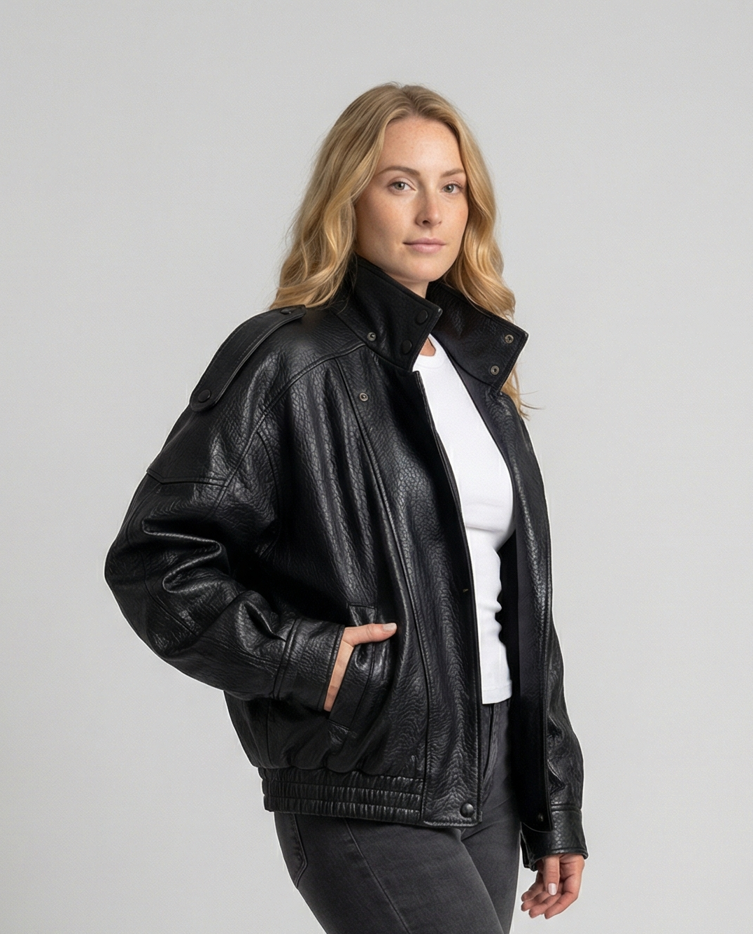 Leather Jacket with Wide Notch Lapel - view 3
