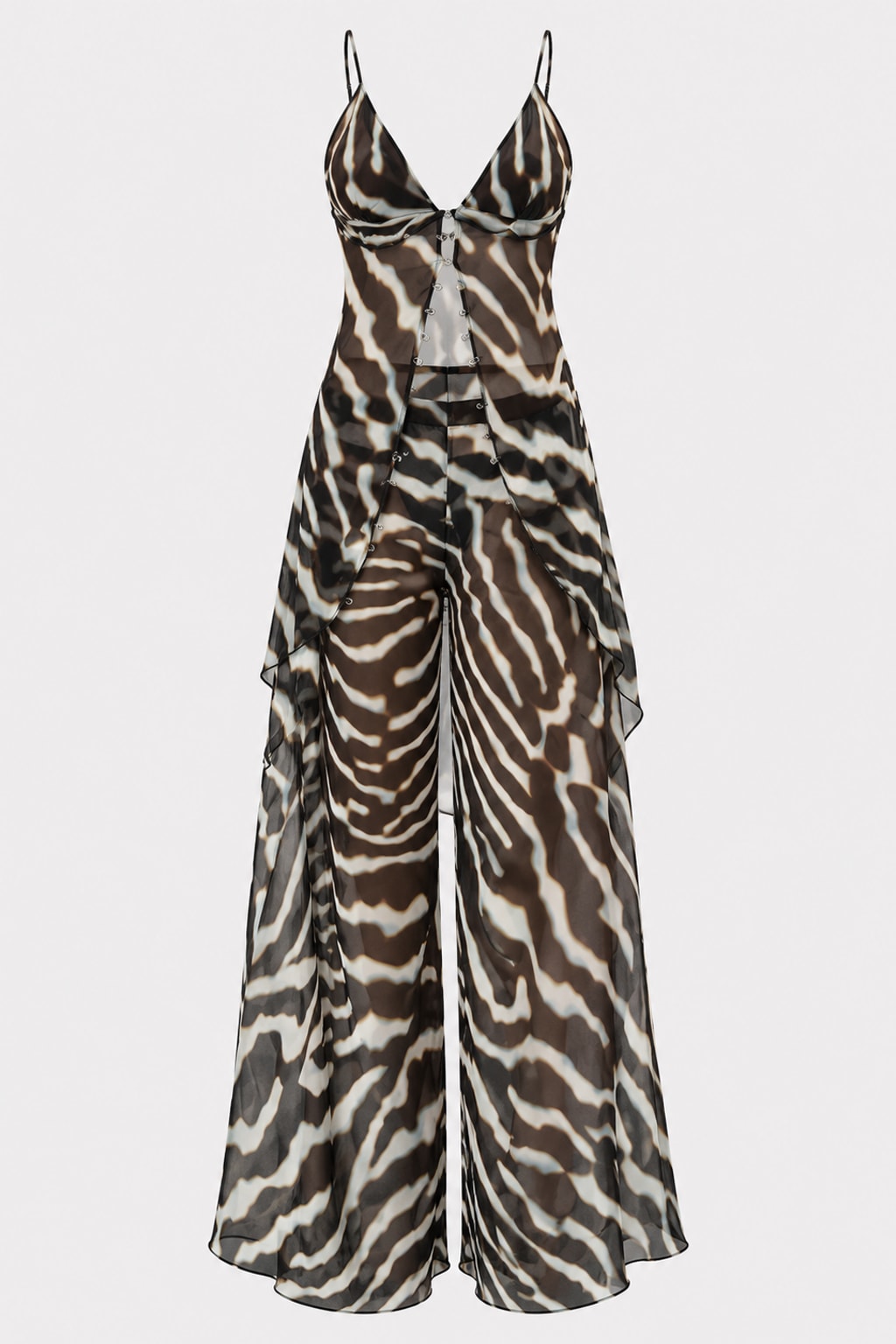 Sheer zebra print chiffon set with a maxi slip top on fine straps and wide leg trousers