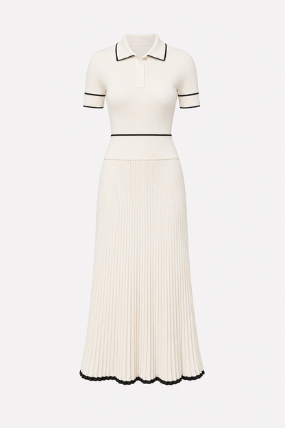 Beige Ribbed Knit Top and Pleated Maxi Skirt Set
